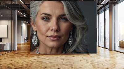 Portrait of a beautiful stylish middle-aged woman. Neat clean shining face, makeup. Amazing styling of grey hair. Expensive diamond jewelry. Earrings and necklaces with precious stones. Wall mural