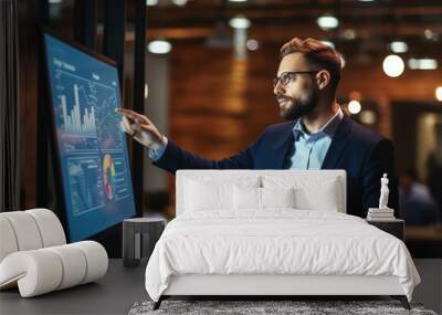 A businessman presents the job with charts and graph via monitor in the National Startup Day Wall mural