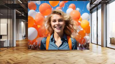 Happy Dutch girl with orange ballons in Netherlands Kingdom Day Wall mural