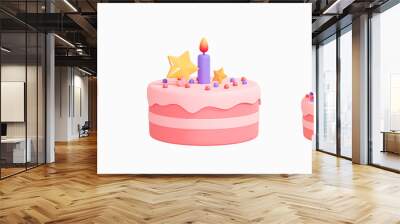 3d birthday cake icon set with candles and decorations. pink cake emoji. party surprise. holiday foo Wall mural