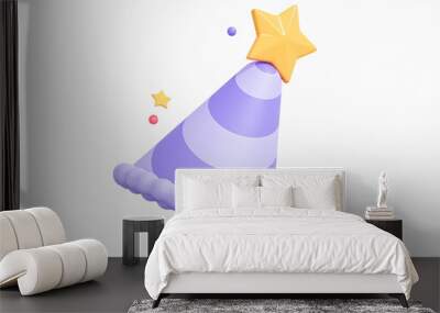 3D Birthday party hat with star. Surprise festive decoration. Purple striped celebration cap. Happy new year cone. Cartoon creative design icon isolated on white background. 3D Rendering Wall mural