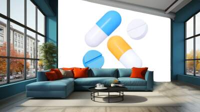 3D Blue and yellow medical pills. Oval capsule shaped tablets. Vitamins and antibiotics for health. Healthcare and medicine. Pharmacy drug. Cartoon icon isolated on white. 3D Vector illustration Wall mural