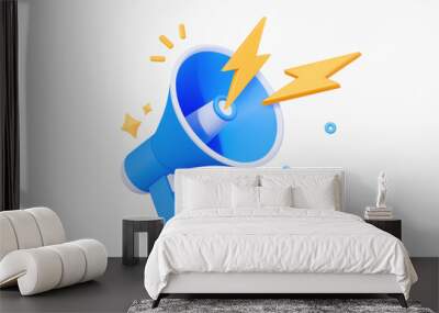 3D Blue megaphone and flash lightnings. Special offer. Social media promotion. Marketing time concept. Loudspeaker or speaker object. Realistic design emoji icon. 3D Vector illustration Wall mural