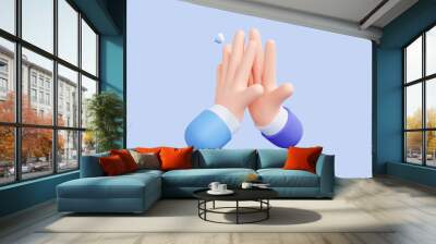 3D Cartoon two Hands giving a High Five. Teamwork concept. Character hand emoji. Business partners with successful deal. Gesture give five. Isolated on blue background. 3D Rendering Wall mural