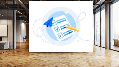 3D Checklist or task list with completed business assignments. Test or exam with correct answers and check mark. Realistic elements. Isolated illustration. 3D Rendering Wall mural