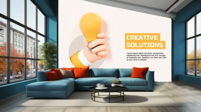 3D Creative Solutions banner illustration. Hand holding light bulb. Innovation and idea concept. Business success. Inspire or motivate. Web landing page template. Cartoon creative design. 3D Rendering Wall mural