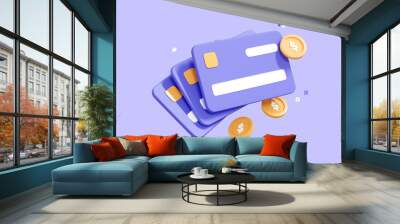 3D Credit cards with coin. Online payment concept. Wallet and money. Bank accounts. Business finance. Money saving. Contactless pay. Cartoon creative design isolated on purple background. 3D Rendering Wall mural