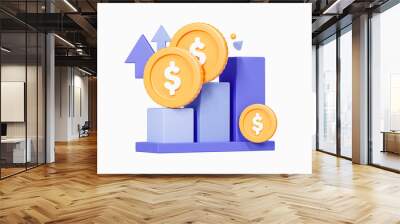 3D Growth chart of the dollar. Trade arrow and exchange price chart. Investing in currency. Business financial trading concept. Cartoon creative design icon isolated on white background. 3D Rendering Wall mural