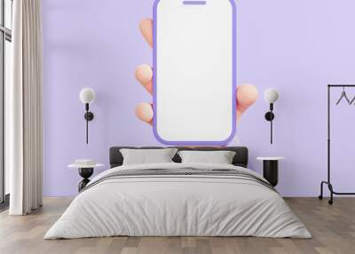 3D Hand holding mobile phone with empty screen. Smartphone with copy space for text or promotion. Template or mock up concept. Cartoon creative design icon isolated on purple background. 3D Rendering Wall mural