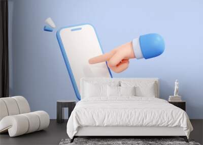 3D Mobile phone with touch or press of finger on blank screen. Hand using phone screen mockup. Cartoon smartphone and male hand. Isolated icon on blue background. 3D Rendering Wall mural