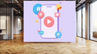 3D Mobile phone with video play button and hashtag. Live streaming concept. Social media marketing. Online cinema player. Cartoon creative design icon isolated on purple background. 3D Rendering Wall mural