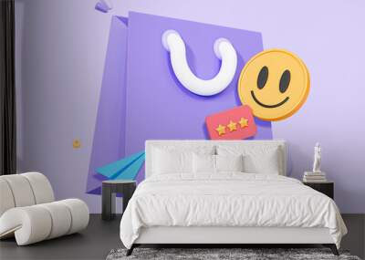 3D Online shopping concept. Purchase in gift bag. Digital marketing and promotion. E-commerce in social media and network. Cartoon creative design icon isolated on purple background. 3D Rendering Wall mural