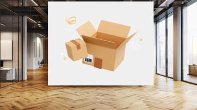 3D Open cardboard box. Fast shipment delivery. Unpacking order or parcel in cargo box. Moving concept. Cartoon creative minimal design icon isolated on white background. 3D Rendering Wall mural