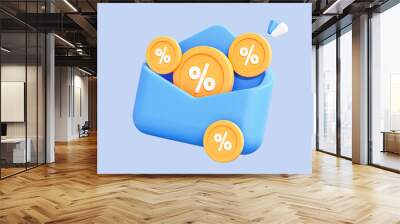 3D Open envelope with discount coupon or voucher. Special offer for shopping with sale and percent. Loyalty program promotion. Cartoon creative design icon isolated on blue background. 3D Rendering Wall mural