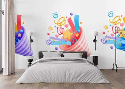 3D Party popper emoji with explosion confetti. Birthday surprise. Firecracker with serpentine. Holiday and event celebration. Cartoon creative design 3d set vector icons isolated on white background Wall mural