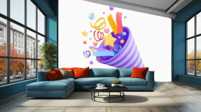 3D Party popper with explosion confetti. Birthday surprise. Firecracker with serpentine. Holiday and event celebration. Cartoon creative design icon isolated on white background. 3D Rendering Wall mural