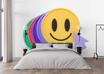 3D Smile face with cursor. Trendy cool emoji. Retro style 90s. Rainbow color. Click on smiles. Good vibes and positive emotions. Cartoon creative design icon isolated on white background. 3D Rendering Wall mural