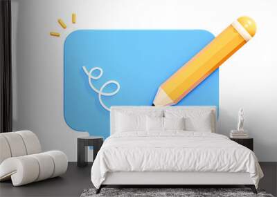 3D Speech bubble message with pencil. Writing feedback. Notes and drawing app. Online chat concept. Memo and pen. Cartoon creative design icon isolated on white background. 3D Rendering Wall mural