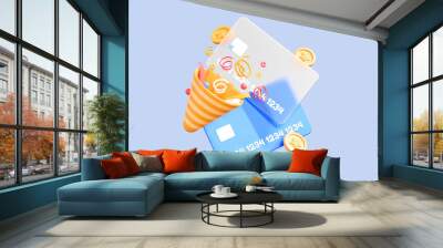 3D Successful payment. Credit card and firecracker with confetti. Money transfer. Confirmed purchase. Financial transaction. Cartoon creative design icon isolated on blue background. 3D Rendering Wall mural