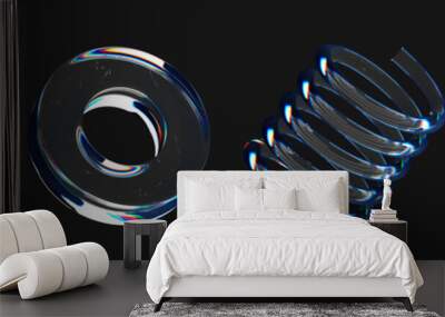 3d trendy holographic retro futuristic set objects. glossy iridescent geometric shapes. crystal glas Wall mural