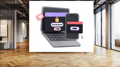 3D Two steps authentication. Computer laptop with mobile phone and verification code message. OTP method. Personal account. Cartoon creative design icon isolated on white background. 3D Rendering Wall mural