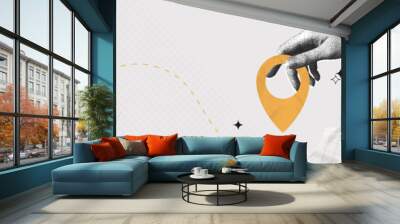 Trendy Halftone Collage Hand holding location pin. Contemporary art with position element. Delivery route. Travel way and find trip. GPS point navigation. Transport logistic. Vector illustration Wall mural