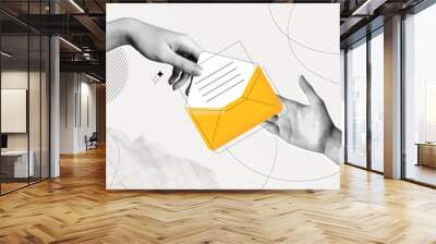 Trendy Halftone Collage Hand passes letter to recipient. New message in yellow envelope. Invitation by email. Online communication. Spam inbox. Social media marketing concept. Contemporary vector art Wall mural