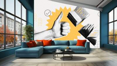 Trendy Halftone Collage Hand showing Thumbs up and floating books. Study and education concept. New course or webinar. Human desire for knowledge. Smart thinking. Contemporary vector art illustration Wall mural