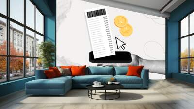 Trendy Halftone Collage Hand with Mobile Phone, Payment Receipt and floating coins. Safe financial transfer. Online transactions. Purchase invoice. Mobile bank app. Contemporary vector art Wall mural