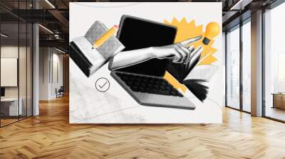 Trendy Halftone Collage Online education concept. Computer laptop with hand, floating books and lightbulb. News course, webinar. Smart thinking and brainstorming. Contemporary vector art illustration Wall mural