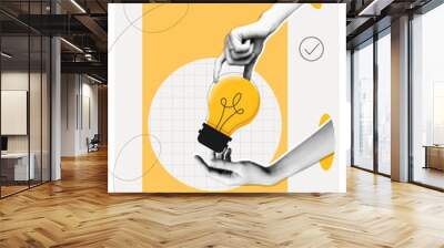 Trendy Halftone Collage Two Hands holds lightbulb. Creative mind or brainstorm. Create creative idea concept. Business solutions. Think outside the box. Marketing time. Contemporary vector art Wall mural