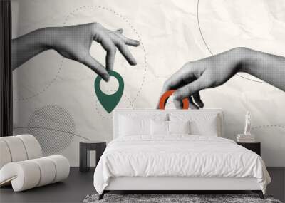 Trendy Halftone Collage with Hands and two pin location. Contemporary art with position element. Delivery route. Travel way and find trip. GPS point navigation. Transport logistic. Vector illustration Wall mural