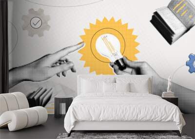 Trendy Halftone Collage Woman Hand holds Light bulb. Study and education concept. New ideas and solutions in business. Creative mind or brainstorm. Contemporary vector illustration art Wall mural