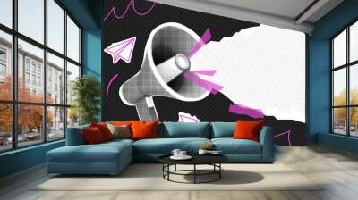 Trendy retro collage with megaphone and paper cut out space for announcing promotion. Vector loudspeaker with halftone elements. Vintage pop art composition banner Wall mural