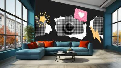 Trendy sticker set with contemporary elements. Halftone Camera with like, sparkling star and flash lightning. Vector retro modern illustration. Vintage pop art composition. Cutout magazine shapes Wall mural