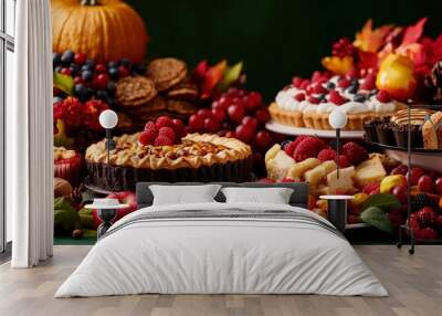 A Thanksgiving-themed bakery window display, filled with pies, cookies, and autumn treats Wall mural