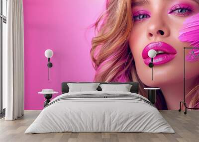 Beautiful Woman with Pink Hair and Makeup Wall mural