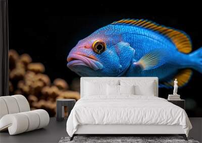 Blue fish with yellow fins in coral reef Wall mural