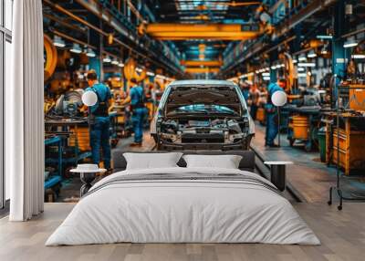 Car Manufacturing Assembly Line with Workers Wall mural