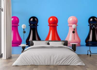 Colorful Chess Pieces in a Row on Blue Background Wall mural