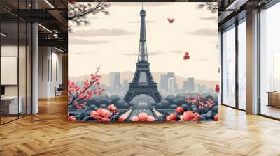 Elegant pattern of Parisian landmarks and romantic scenes, Background Image, Background For Banner Wall mural