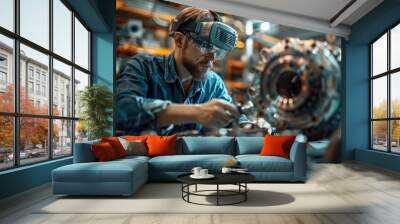 Industrial Worker Using Augmented Reality Goggles for Maintenance Wall mural