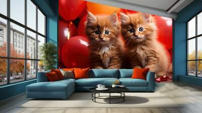 Two Cute Kittens Red Heart Print,Valentine Day Background, Background For Banner, HD Wall mural