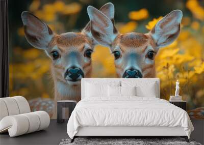 Two Fawn Deer Looking at the Camera in a Field of Yellow Flowers Wall mural