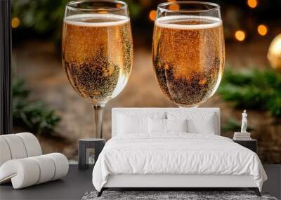 Two Glasses of Sparkling Wine on a Wooden Table with Christmas Decorations Wall mural