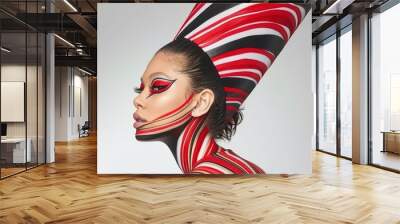 Woman With Colorful Abstract Makeup and Headpiece Wall mural