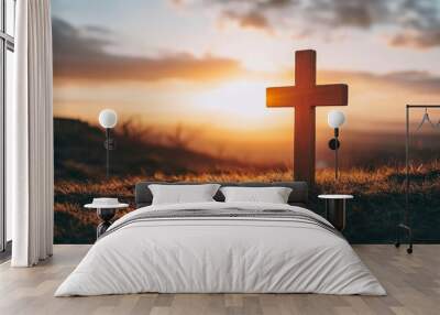 Wooden Cross Silhouette at Sunset Wall mural