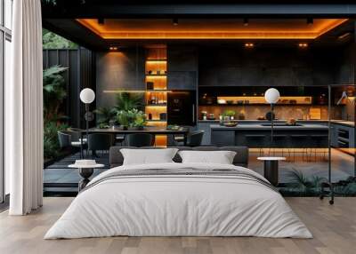 A modern kitchen with a black countertop and a black island Wall mural