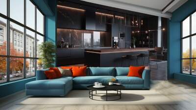 An ultra-modern, roomy apartment with a dining area, a fashionable luxury kitchen decorated in dark tones, and cool led lighting generative ai Wall mural