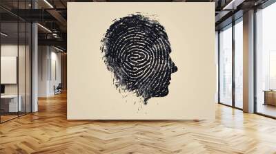 The image features a silhouette of a head made out of a fingerprint. The background is a light beige color. Wall mural